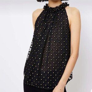 LOFT Black with Gold Polka Dot Sheer Halter Netted Blouse, Size Large